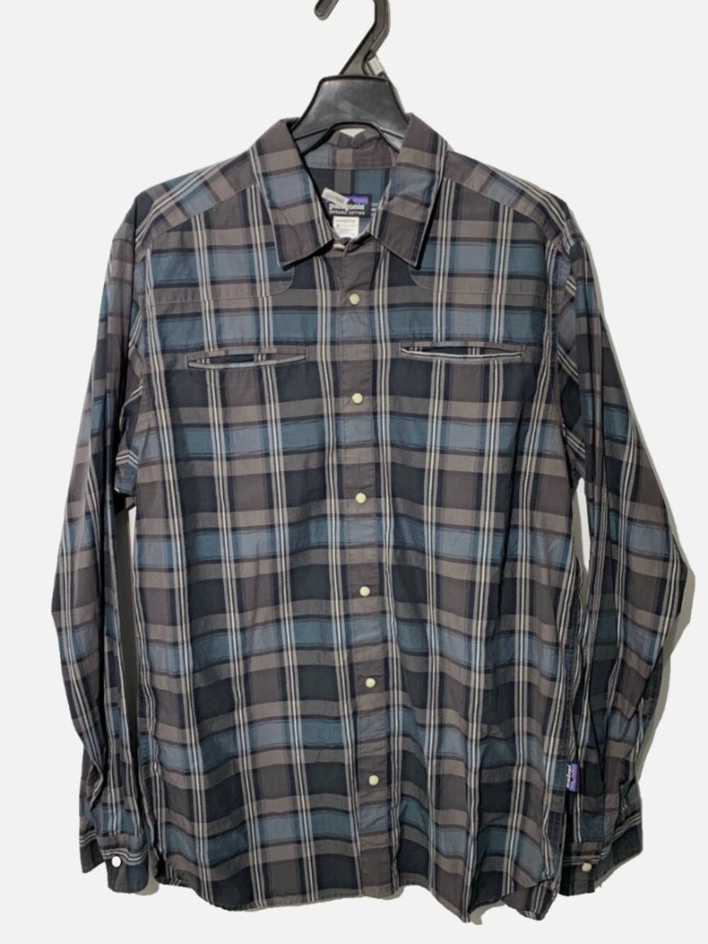 Patagonia Mens Large Plaid Snap Button Long Sleeve Organic Cotton Shirt Blue L